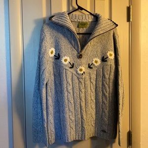 Gray Sweater with Embroidered Daisies.  Size L